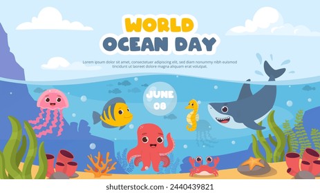 World ocean day poster. Octopus, shark and fish near reefs and corrals. Underwater dwellers with flora and fauna. Crab and sea horse. Landing webpage design. Cartoon flat vector illustration