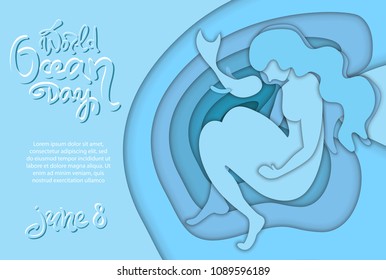 World ocean day poster. Paper carve, origami concept. Woman in water with fish