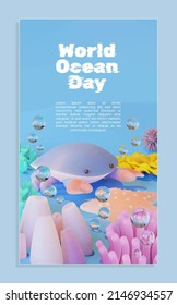 World Ocean Day Poster Template With Crab 3D Illustration