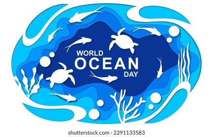 world ocean day poster template. Paper cut underwater sea background vector.