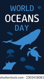 World ocean day. Save the ocean concept design. June 8. Vertical banner with sea life silhouette. Flat vector illustration.