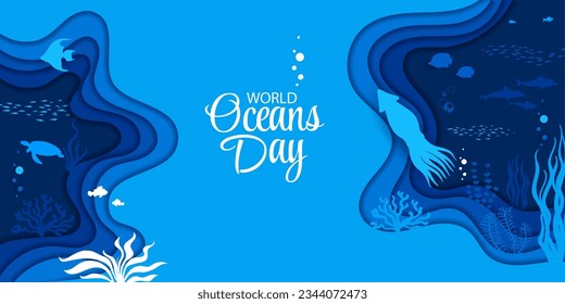 Día mundial del océano, papel marino cortar paisaje submarino y siluetas animales, fondo vectorial Tortuga submarina Papercut, calamares y delfines en capas cortadas de papel para el medio marino y el día del océano