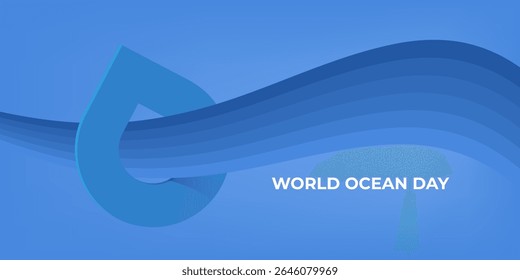 World OCEAN Day Simple Blue Drop Illustration on Light blue water Background for Environmental Awareness and Sustainable Resource Use. World ocean day banner design template