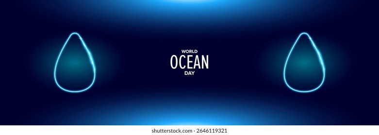 World OCEAN Day Simple Blue Drop neon style Illustration on neon blue water Background for Environmental Awareness and Sustainable Resource Use. Neon World ocean day banner design template