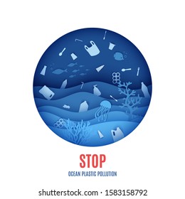 World Ocean Day, stop ocean plastic pollution banner. View of the underwater world through the porthole of a submarine in paper cut style. Vector papercut wave, tropical marine life in round frame