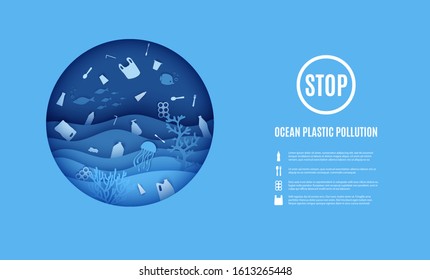 World Ocean Day, Stop Ocean Plastic Pollution Banner. View Of The Underwater World Through The Porthole Of A Submarine In Paper Cut Style. Vector Papercut Wave, Tropical Marine Life In Round Frame.