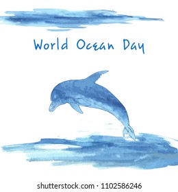 World ocean day. Stylized image of water. Border in the form of waves. Blue Dolphin, hand-drawn. Watercolor stain.
