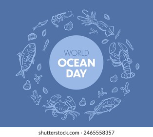 World Ocean Day text in circle with marine life around. Vector design for posters, banners, and prints.