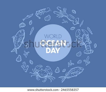 World Ocean Day text in circle with marine life around. Vector design for posters, banners, and prints.
