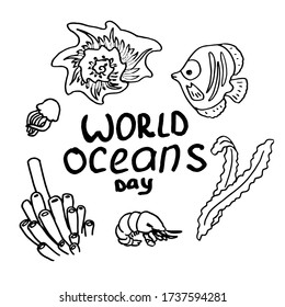 World ocean day text on white isolated backdrop. Outline fish, clam, jellyfish for invitation or gift card, social banner, flyer. Zero waste poster print art. Doodle style stock vector illustration