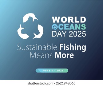 World Ocean Day Theme 2025 Illustration. Eco-friendly ocean graphic with fish recycle icon and bold message on sustainable fishing for World Oceans Day 2025. 