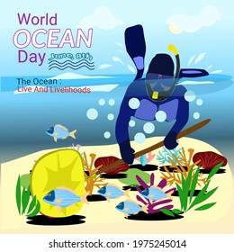 World ocean day with theme "The Ocean : Live and Livelihoods", with someone used landing net to catch fish on sea shores illustration vector