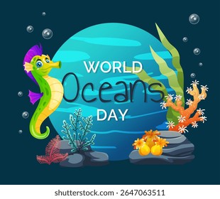 World ocean day. Underwater animals. Marine nature ecosystem save. Ecology protection. Coral reef and seahorse. Environment conservation awareness holiday. International event banner vector design