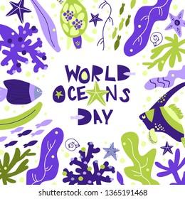 World ocean day. Underwater world background flat scandinavian cartoon style. Corral, starfish, tropical fish, algae, shells. Exotic underwater world.2