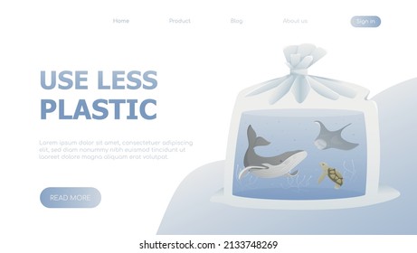 World ocean day. Use less plastic. Earth day. Marine life in a plastic bag template for website, landing page. Flat vector illustration. Take care for nature and cleaning nature from garbage poster