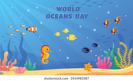 World ocean day vector banner flat style, exotic sea fish and corals. Underwater life.vector world oceans day background
