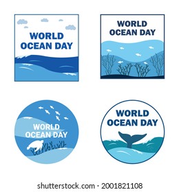 World ocean day vector design collection. Design for ocean day celebration with blue color shade. Beautiful design collection with sea creatures and blue water.