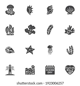 World ocean day vector icons set, modern solid symbol collection, filled style pictogram pack. Signs, logo illustration. Set includes icons as seashell, seaweed, starfish, lighthouse, jellyfish, fish