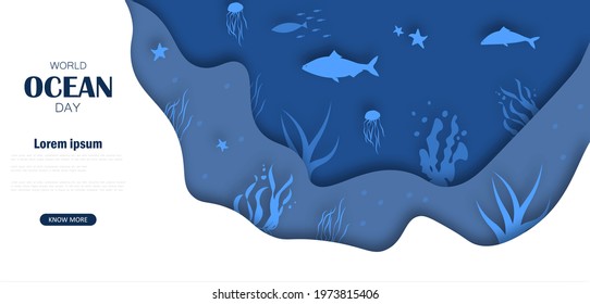 World ocean day vector illustration Web page design template in paper cut underwater ocean view.