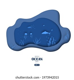 World ocean day vector illustration Web page design template in paper cut underwater ocean view.
