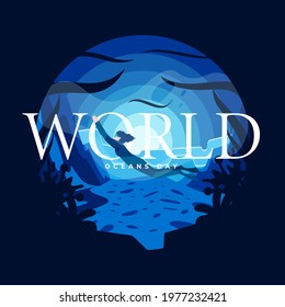 World ocean day vector illustration concept with the character of a diver diving in the beautiful deep sea.