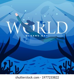 World ocean day vector illustration concept showing the beautiful deep sea with divers surrounded by fish, coral reefs and marine plants.