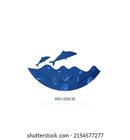 World ocean day vector illustration  in paper cut style underwater ocean view.