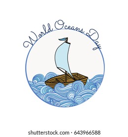 World Ocean Day vector illustration. Vector sketch of the boat. Hand-drawn waves poster.