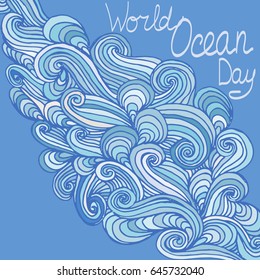 World Ocean Day vector illustration. June 8. Hand-drawn waves background.