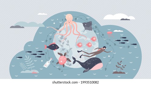 Día mundial de los océanos y el concepto de la pureza del agua o la protección de la ecología de la pequeña persona. Conciencia del clima marino terrestre y responsabilidad en la ilustración de los vectores de sostenibilidad. Evitar la contaminación