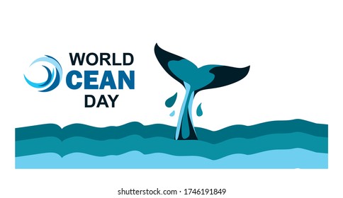 
World Ocean Day with a whale diving is only visible tail. Vector illustration in a flat style