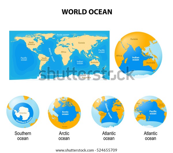 World Ocean or global ocean. Set\
of globes with different continents, oceans and a map\
earth.