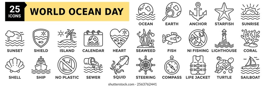 World Ocean icon set. Containing ocean, earth, anchor, starfish, sunrise, sunset, island, seaweed and more. Outline vector icons collection
