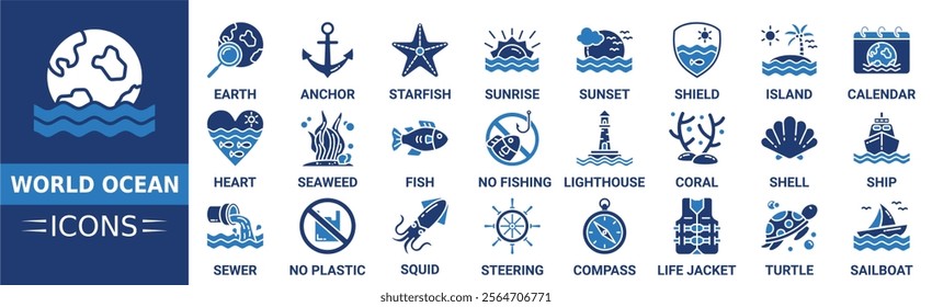 World ocean icon set. Containing earth, anchor, starfish, sunrise, sunset, shield, island, calendar and more. Solid vector icons collection