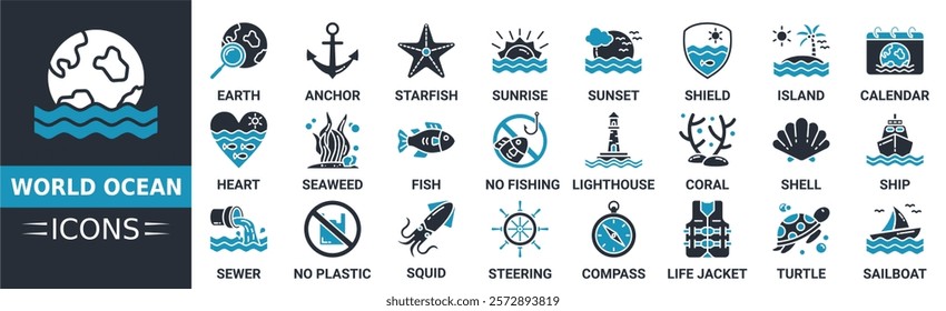 World ocean icon set. Containing earth, anchor, starfish, sunrise, sunset, shield, island, calendar and more. Solid vector icons collection