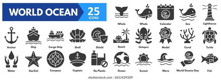 World Ocean icon set. with icons of ocean, sunset, wave, world oceans day, fish, whale, whale, calendar, sea, lighthouse, beach, water, starfish, compass, captain, no plastic