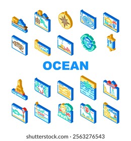 world ocean marine biodiversity icons set vector. ecosystem conservation, pollution coral, climate sea, fish, currents waves, tides world ocean marine biodiversity isometric sign illustrations