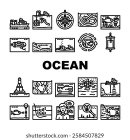 world ocean marine biodiversity icons set vector. ecosystem conservation, pollution coral, climate sea, fish, currents waves, tides world ocean marine biodiversity black contour illustrations