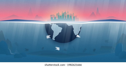 World ocean pollution and climate change concept.Plastic waste in the ocean,Underwater sea scene.Environment conservation resource sustainable.Vector illustration.