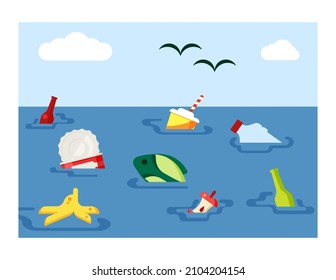 Illustration zur Verschmutzung der Weltmeere.Planetales ökologisches Problem, das die Verschwendung von Kunststoff-Metall in die Wasserressourcen eindringt, was zum Tod von Fischen und anderen Organismen führt. Vektorgrafik-Müll