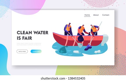 World Ocean Pollution. People in Boat Collecting Plastic Garbage in Sea. Polluted Water Environment. Trash, Ecology Protection. Website Landing Page, Web Page. Cartoon Flat Vector Illustration, Banner