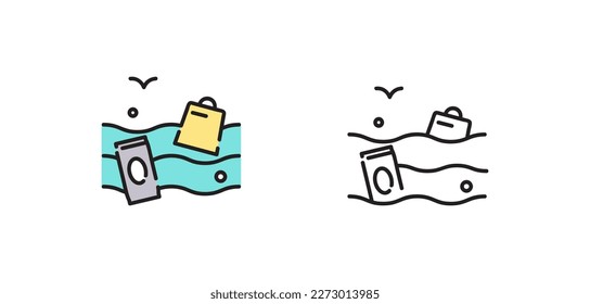 World ocean pollution. Vector isolated icons. Black and color vector plastic trash, garbage, eco recycling sign icon isolated outline symbol with editable stroke.