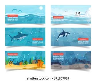 World ocean vector illustrations with scientific information and pictures of bottom, surface, white shark, killer whale and penguins of Antarctica.