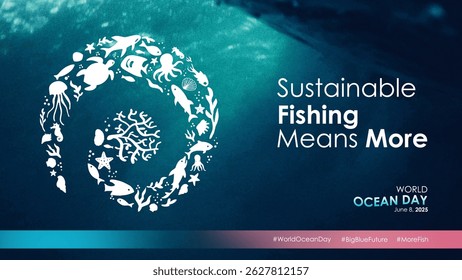 World Oceans Day 2025 background with spiral marine school symbol. Blue underwater background with sunlight. Best for World Oceans Day 2025 campaign, banner, template, background