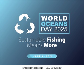 World Oceans Day 2025 illustration with eco-frienly fishing symbol, promoting ocean sustainability and responsible fishing. World Ocean Day June 8, 2025 campaign poster. 