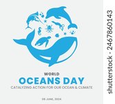WORLD OCEANS DAY, 8 JUNE OCEANS DAY. OCEANS DAY WITH WORLD MAP, WORLD OCEAN POSTER POST DESIGN. OCEAN DAY SOCIAL MEDIA POST.Catalyzing Action for Our Ocean AND Climate.