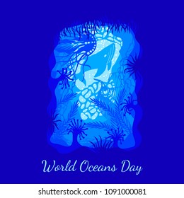 World Oceans Day. 8 June. Concept of ecological holiday. View from an underwater cave - the plants, corals, sunken ship, jellyfish, whales