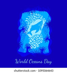 World Oceans Day. 8 June. Concept of ecological holiday. View from an underwater cave - the plants, corals, whales