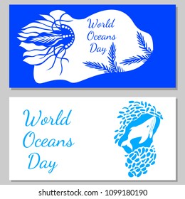 World Oceans Day. 8 June. Concept of ecological holiday. View from an underwater cave - the plants, jellyfish, whales. Flyers for event participants.
