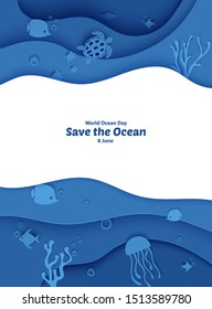 World Oceans Day 8 June. Paper craft depth under water sea cave with fishes, coral reef, seabed in algae, waves. Diving concept, deep blue marine life. Vector sea wildlife.